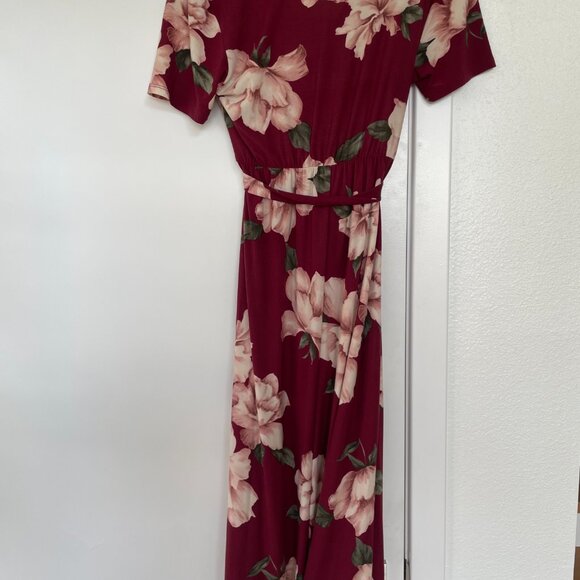 Lux & Co Floral Jersey Knit Wrap Maxi Dress in Burgundy, V-Neck, Short Sleeve, S - Picture 3 of 7